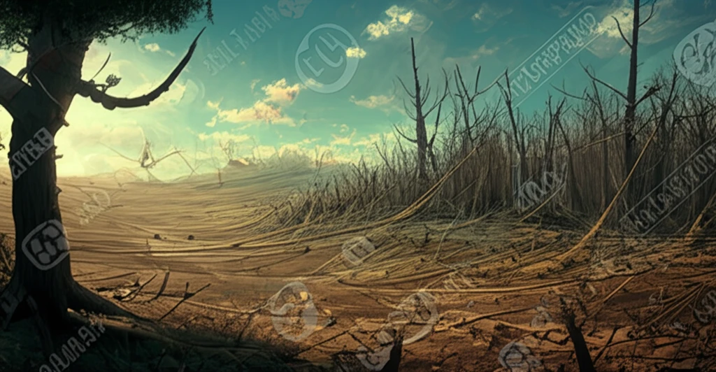 Surreal illustration of a vibrant South African landscape transforming into a barren wasteland, symbolizing the impact of corporate actions on biodiversity.