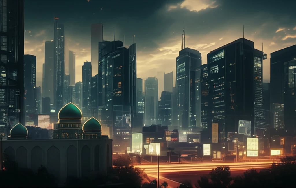 Futuristic Kazakh cityscape blending traditional architecture with digital interfaces.