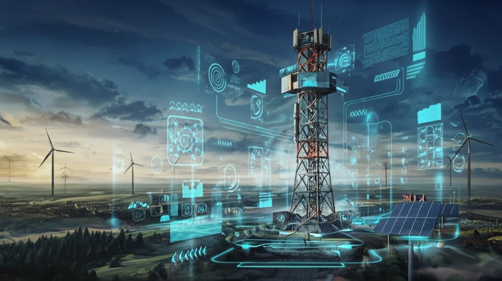 Futuristic telecom tower powered by smart grid in a rural landscape.