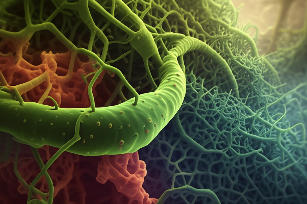 Surreal illustration of nanocellulose fibers interwoven with plant structures, symbolizing sustainability.