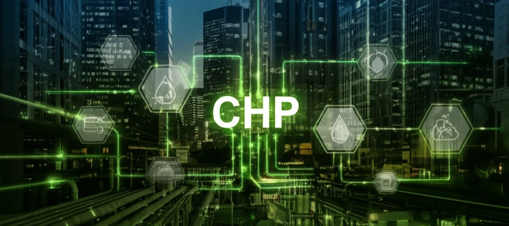 City skyline powered by interconnected CCHP system, symbolizing green energy and reduced emissions.