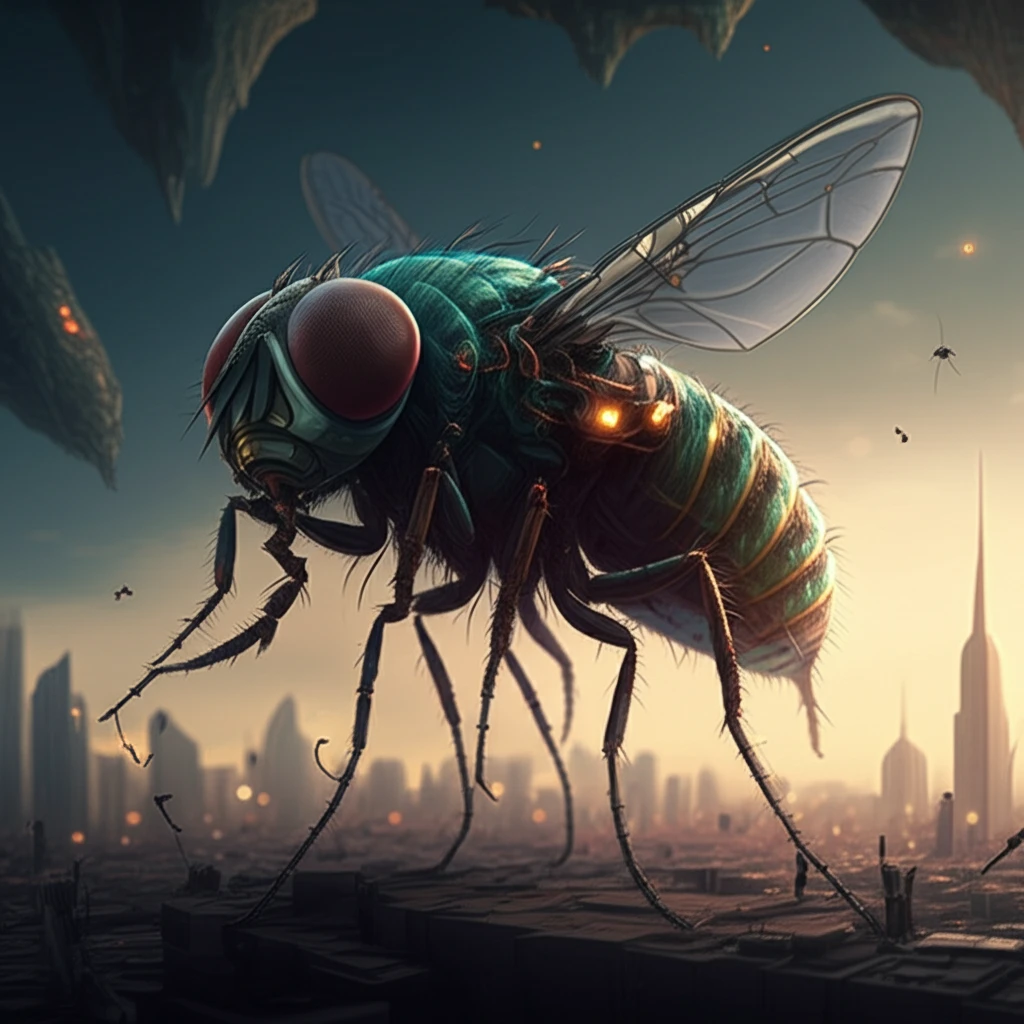 Surreal illustration of a truss structure transforming into a glowing fruit fly over a cityscape.