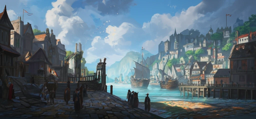 Bustling medieval port city with ships docked, symbolizing Boston's economic growth.