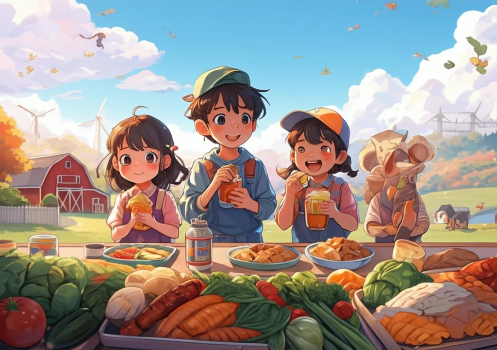 Vibrant farm-to-school illustration of children enjoying healthy, locally sourced lunches.