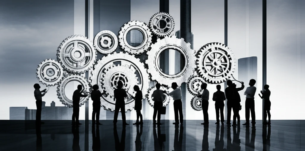 Collaborative gear structure representing value creation.