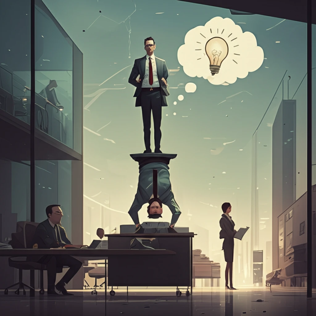 Surreal illustration of innovative brainstorming in a corporate office