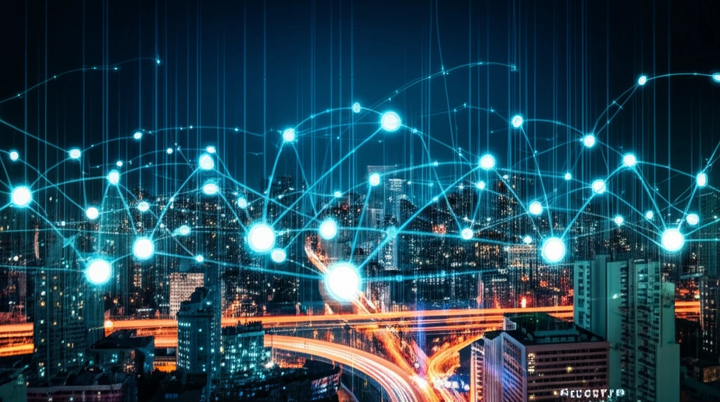 Futuristic cityscape with glowing data nodes connected in a dynamic network.