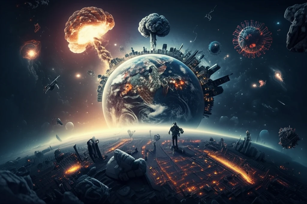 Earth surrounded by existential threats, but protected by human ingenuity.