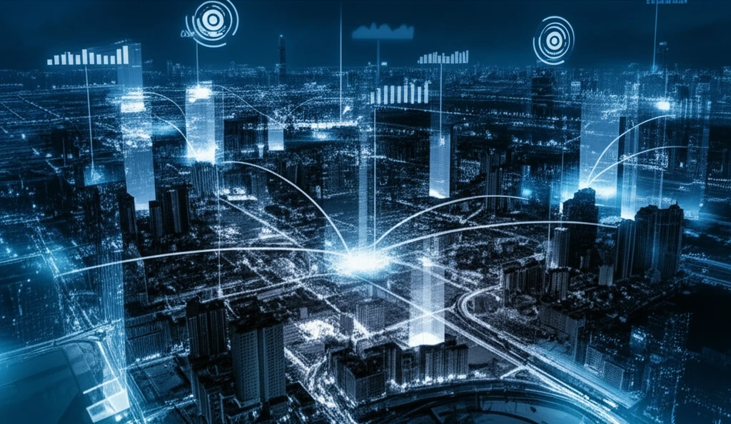 Futuristic city with glowing sensor networks.