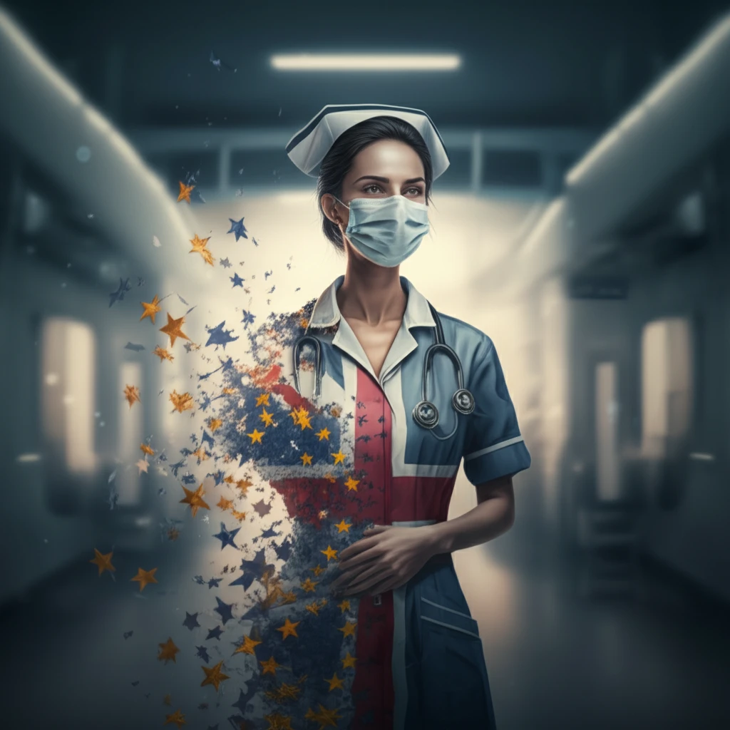 Nurse with UK flag uniform and EU stars, symbolizing Brexit impact on NHS.