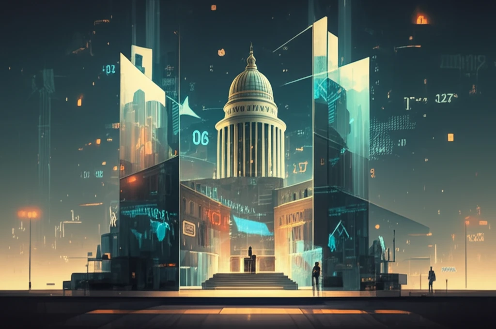 Transparent government building with financial data flow