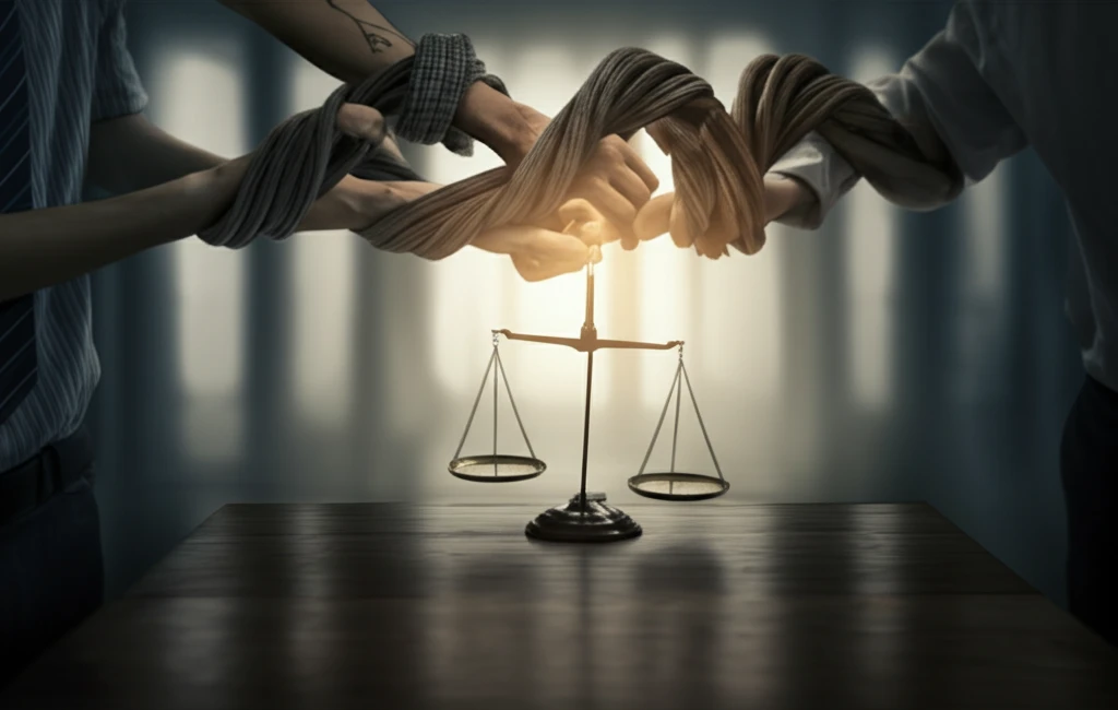 Intertwined hands symbolizing contract law with scales of justice.