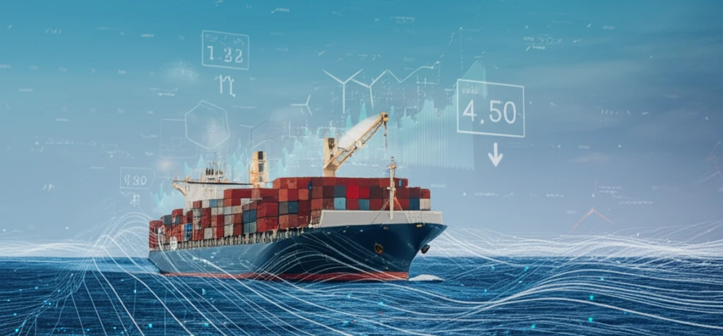 Container ship sailing with data visualizations, representing ship energy efficiency and environmental impact.
