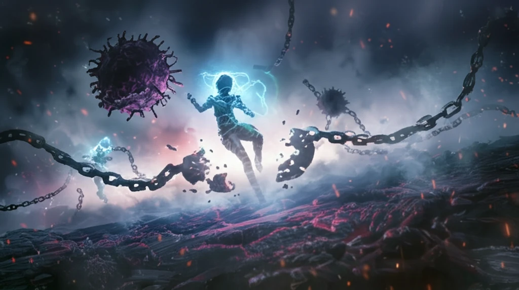 Symbolic illustration of immune cells breaking free to fight cancer with PD-1/L1 inhibitors.