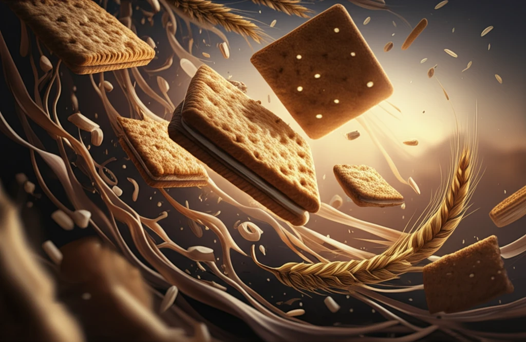 Crackers floating in rice grains, symbolizing health and nature.