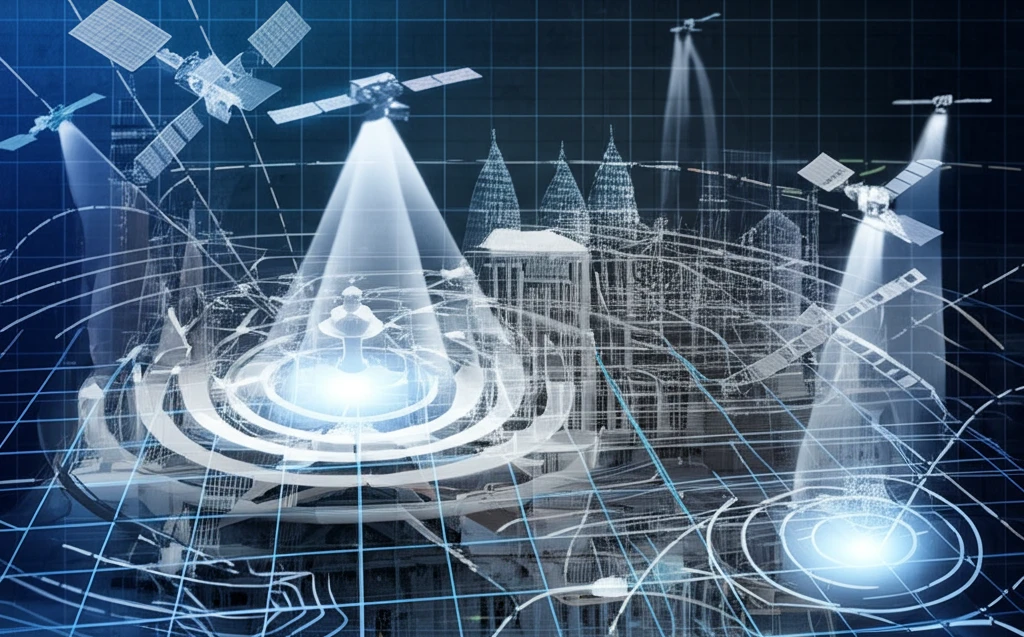 Surreal illustration of Zagreb with GPS and radar monitoring overlays.
