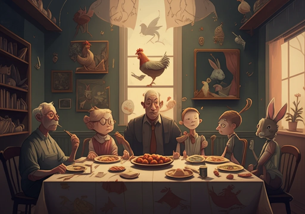 A whimsical illustration of a family dinner, symbolizing the complexities of childhood food preferences.