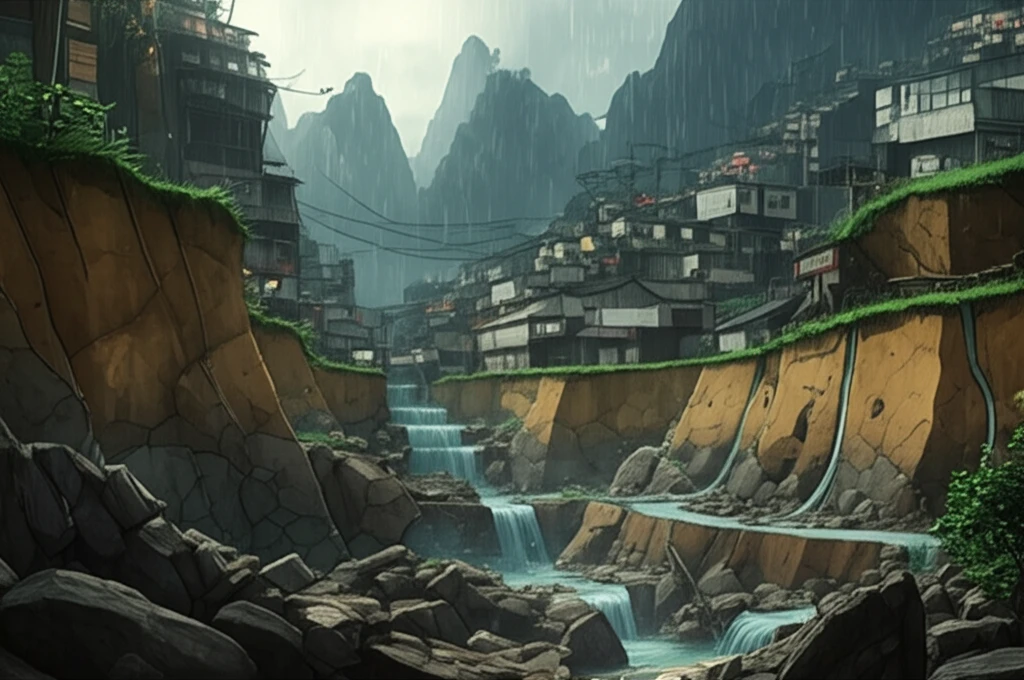 A resilient community on a hillside protected from landslides.