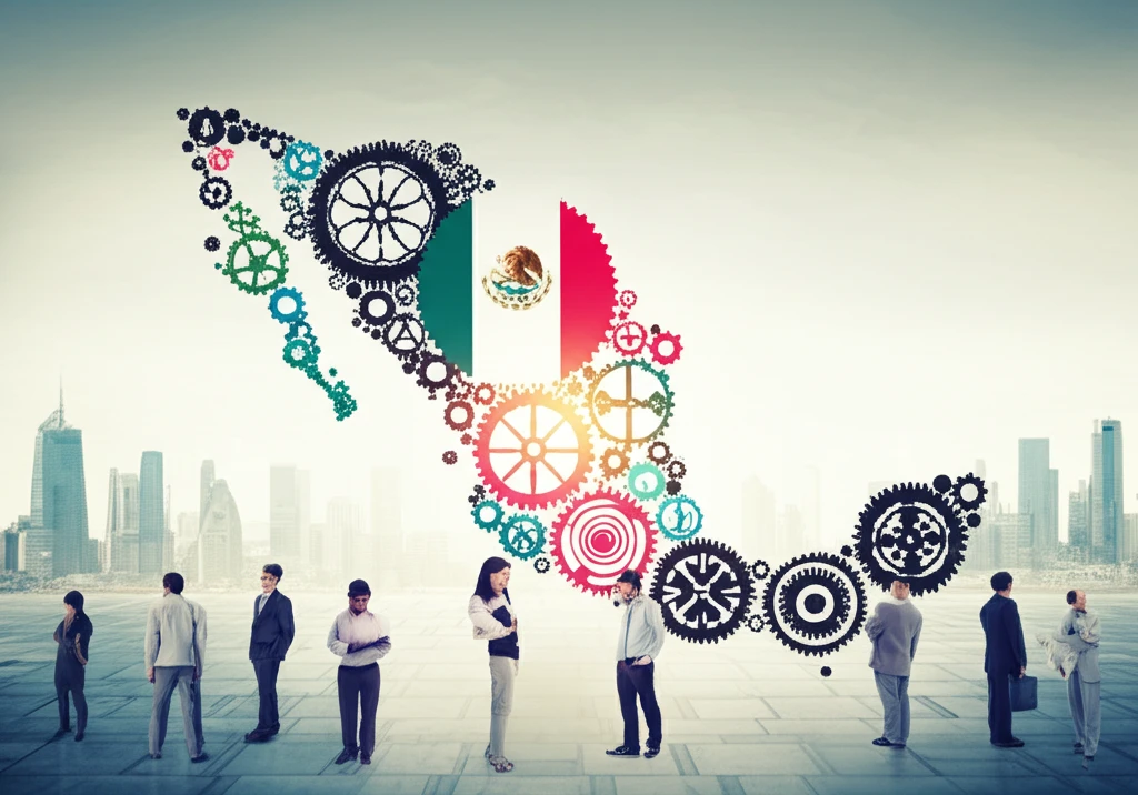 Interconnected gears forming the shape of Mexico, symbolizing innovation and economic growth.