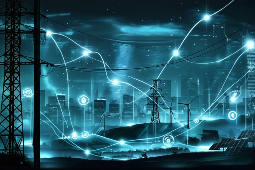 Surreal illustration of a resilient power grid with vibrant energy flow.