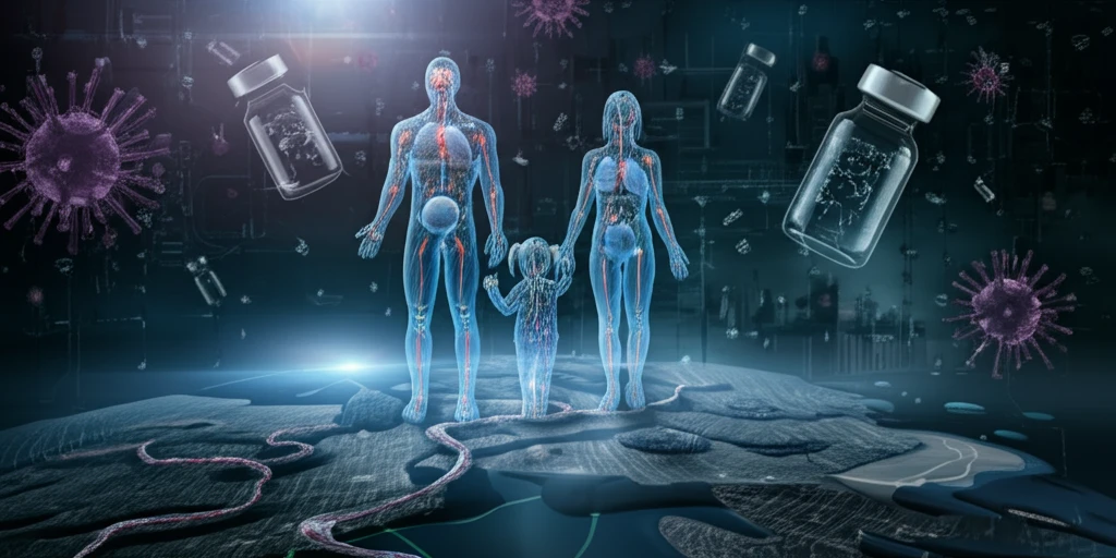 Stylized family surrounded by vaccine vials, representing personalized immunization strategies.