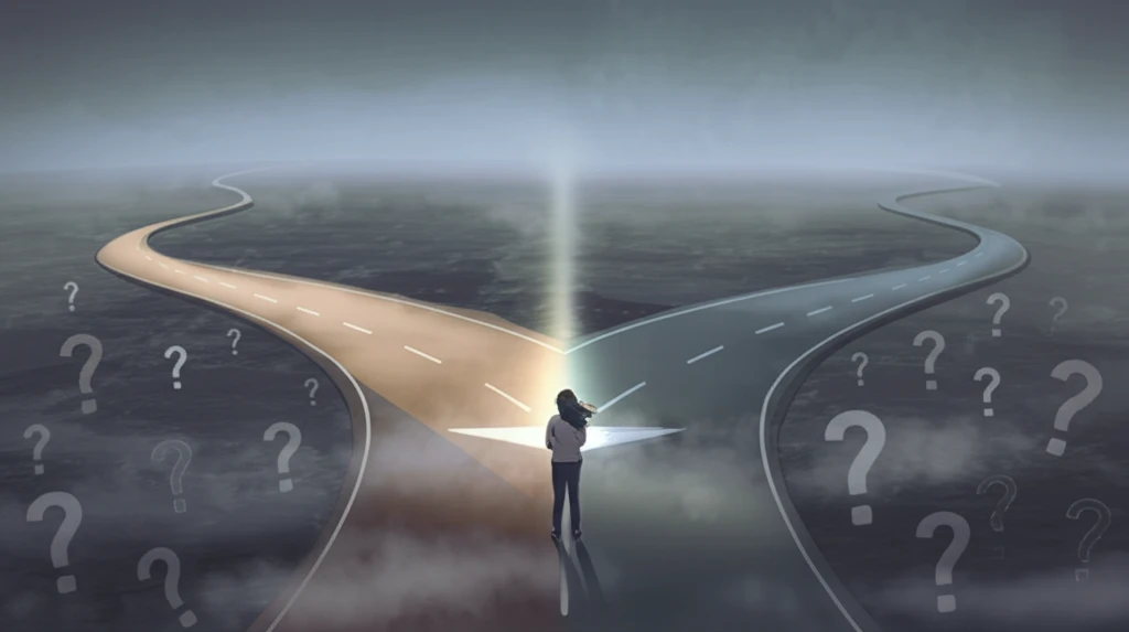A person at a crossroads, symbolizing the influence of hidden biases on decision-making.