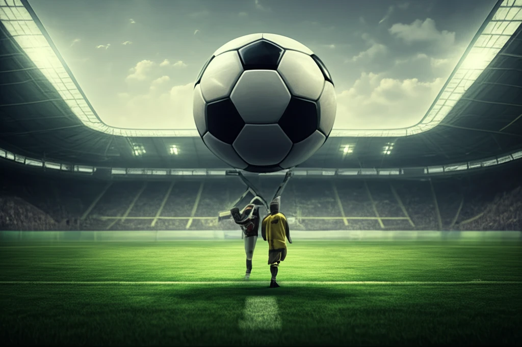 Football stadium transforming into a green field, symbolizing CSR in sports.
