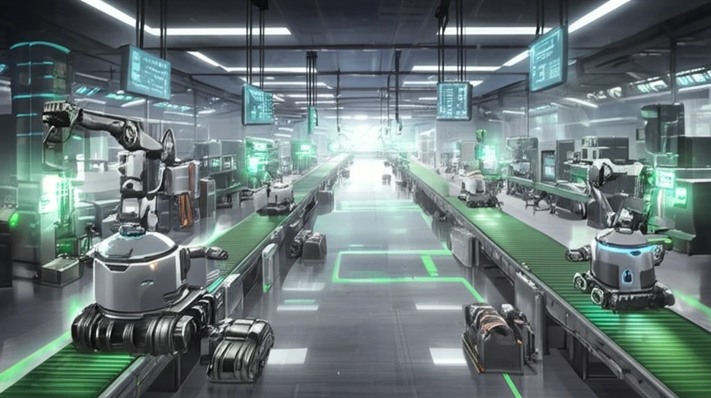 Futuristic factory with efficient delivery robots in a green assembly line, symbolizing sustainable manufacturing.