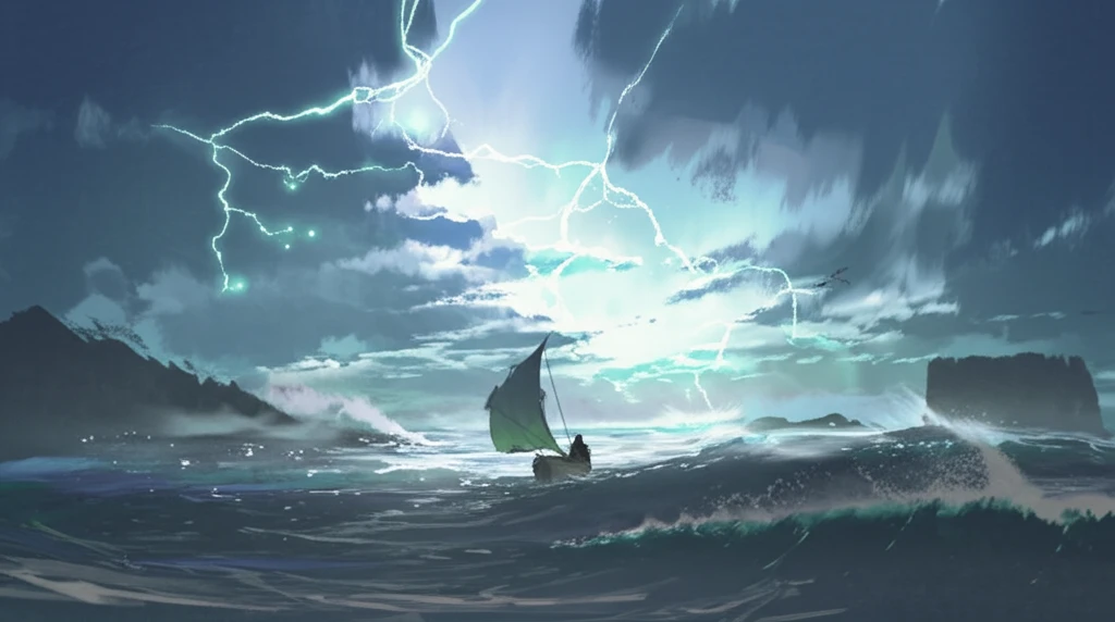 Small boat navigating a stormy sea toward glowing islands