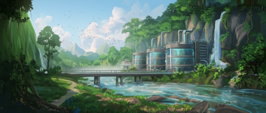 Futuristic water treatment plant integrated into a green landscape.