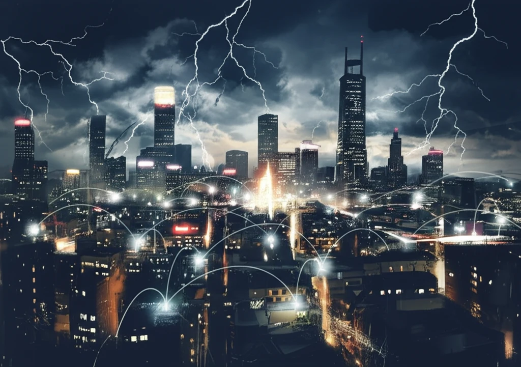 Resilient cityscape emerging from chaos, symbolizing Poland's disaster management strength.