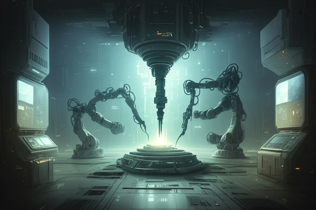 Futuristic memory chip testing facility with robotic arms analyzing chips, overseen by an AI core.