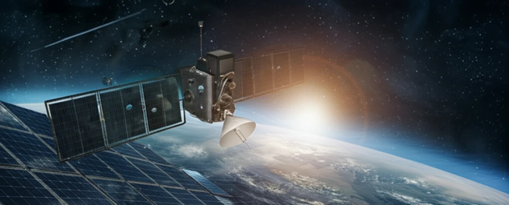 Futuristic satellite with AI-optimized sensors monitoring its structure in space.