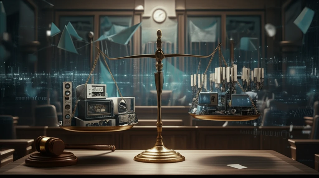 A courtroom scale balancing telecom equipment and social infrastructure, symbolizing regulatory bargaining.