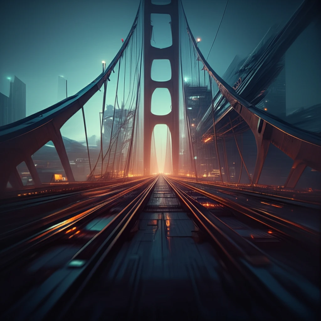 Futuristic bridge constructed with glowing carbon fiber strands, symbolizing the future of infrastructure.