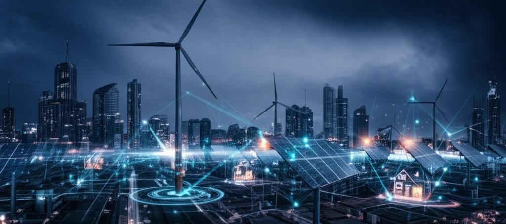 Futuristic smart city powered by renewable energy with glowing smart grids.