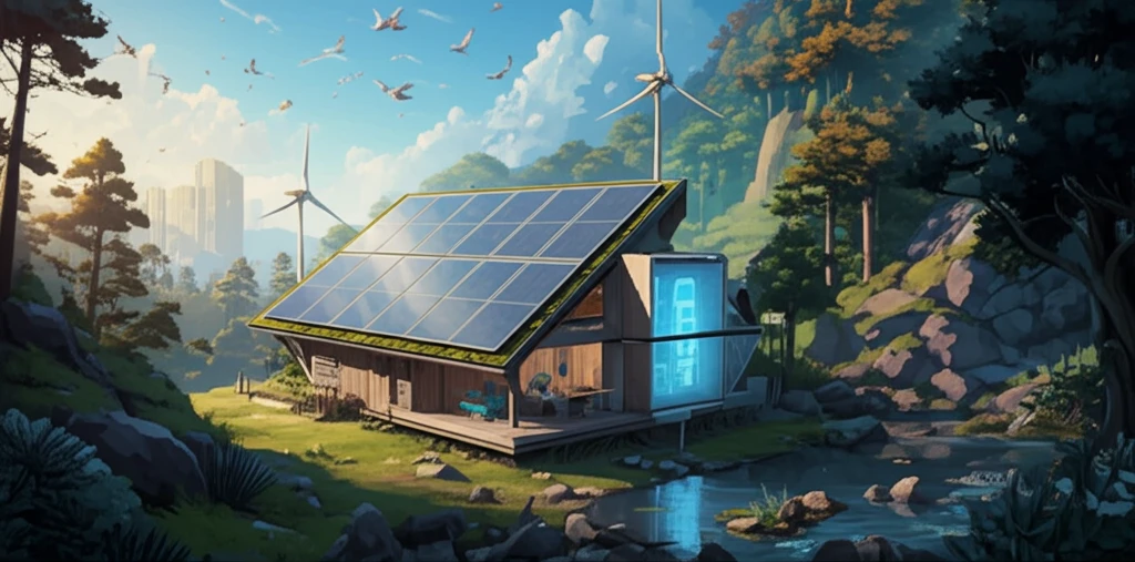 Sustainable home powered by solar, wind, and energy storage.