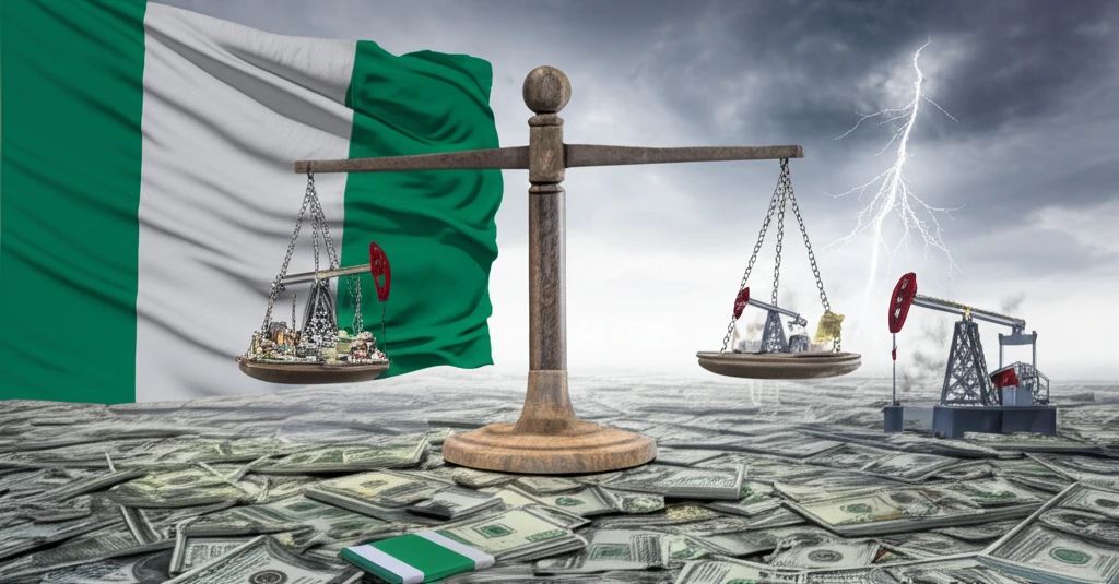 Balance scale tipping in Nigeria, representing monetary wealth and economic instability.