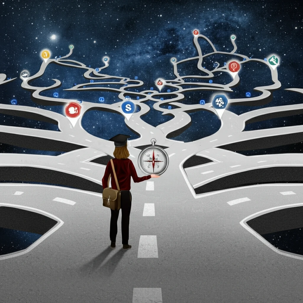 Student at crossroads of career paths, holding a compass.