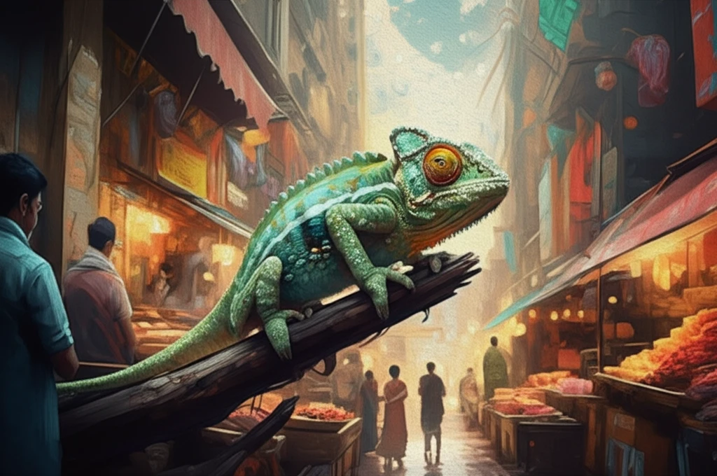 Chameleon blending into a vibrant global marketplace, symbolizing local responsiveness.