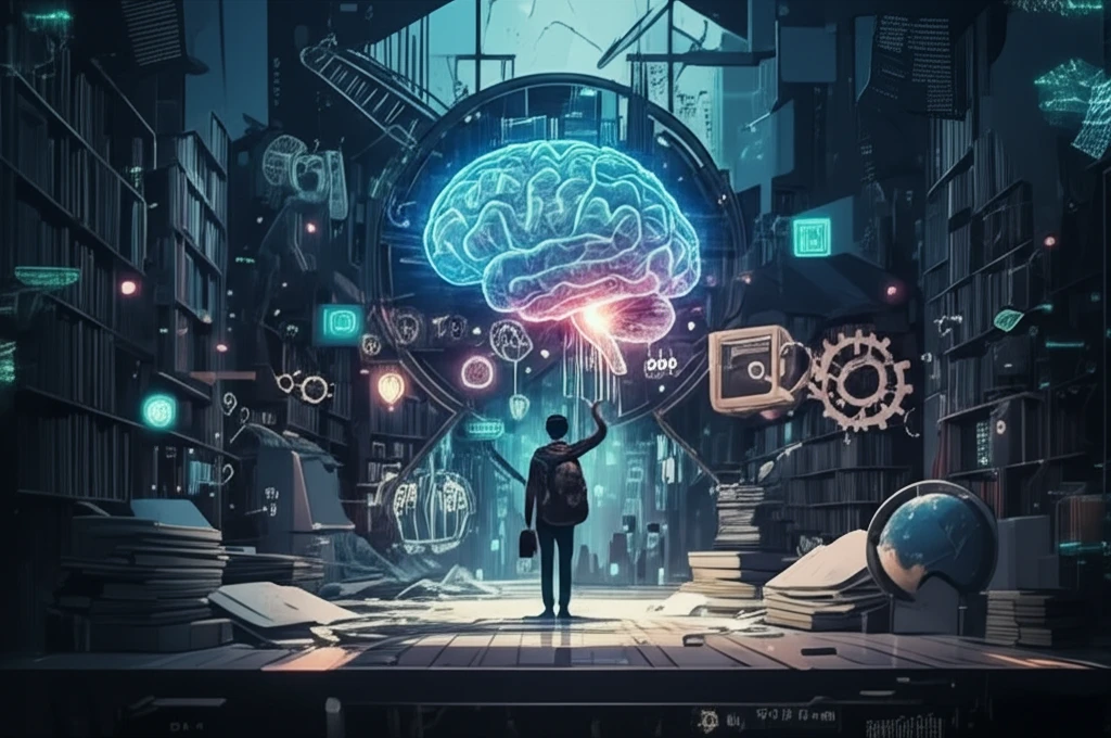 A student's mind as a library, gears symbolizing critical thinking.