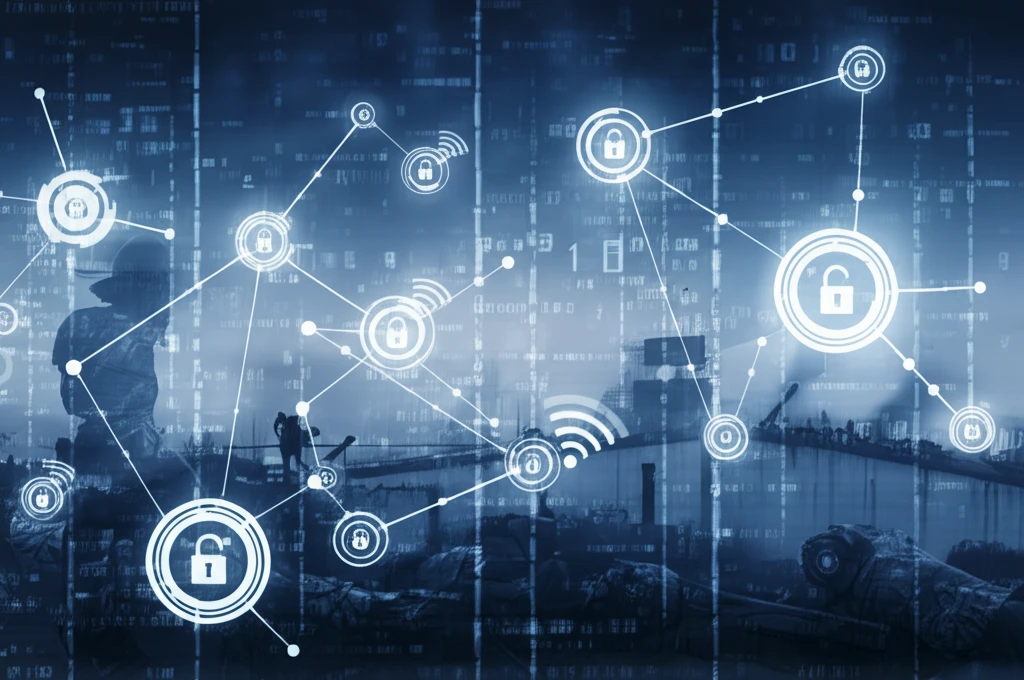 A network of interconnected nodes with light beams symbolizing secure communication channels.