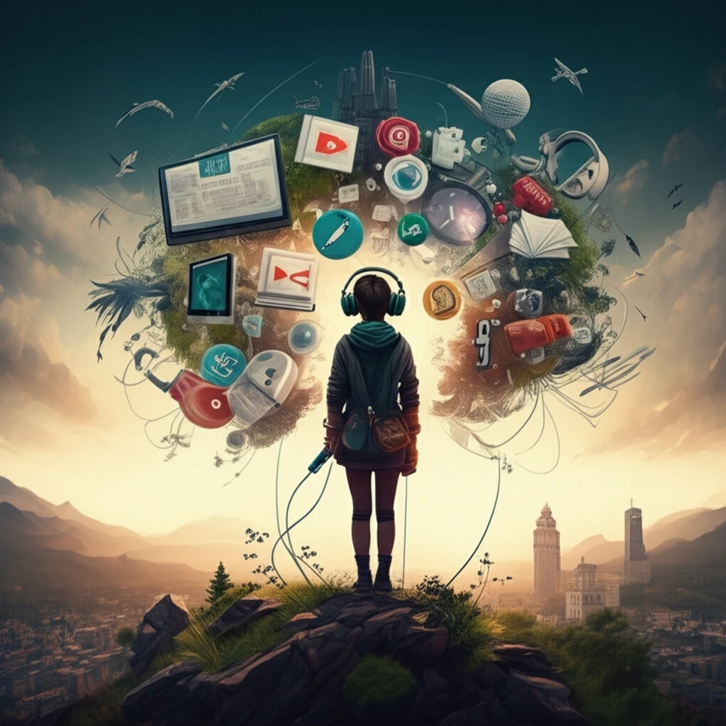 Surreal illustration of a person immersed in a podcast-filled world