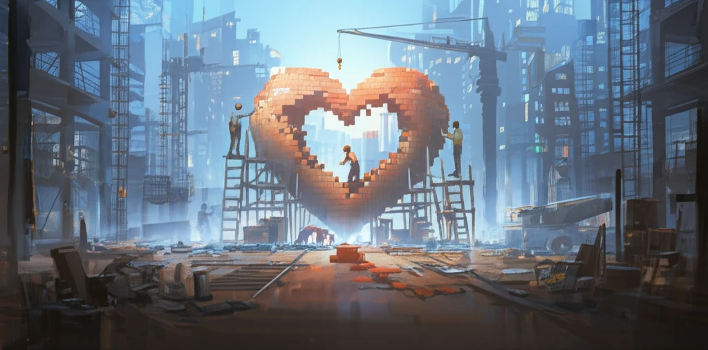 Construction workers collaboratively rebuilding a heart made of bricks, symbolizing trust restoration.