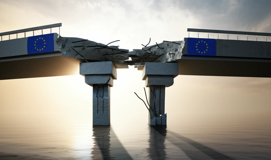 Surreal illustration of EU flags rebuilding a broken bridge in the Balkans.