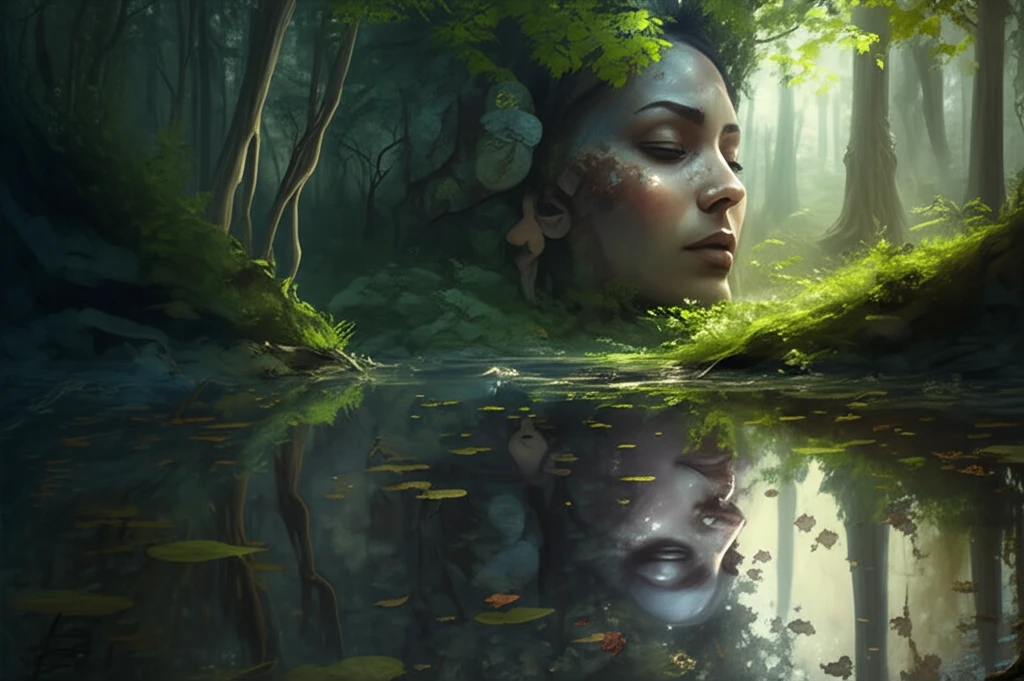 Reflective pool mirroring faces and nature, symbolizing the intersection of human emotion and environment.