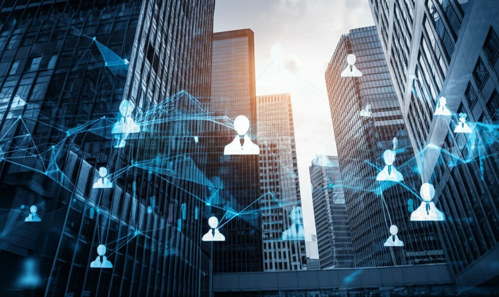 Interconnected network of investors influencing the stock market.