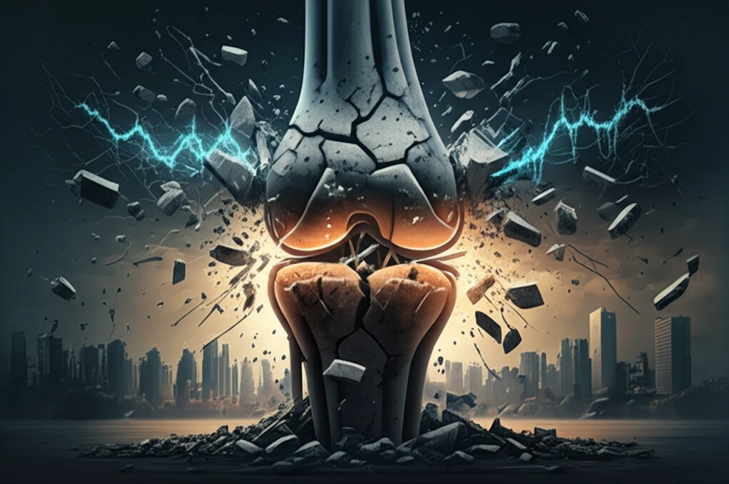 A reinforced concrete knee joint failing under earthquake stress, with a cityscape in the background.
