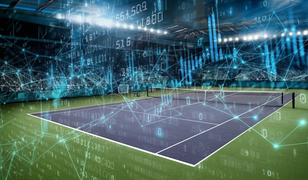Tennis court overlayed with data streams and financial charts, representing high-frequency trading.