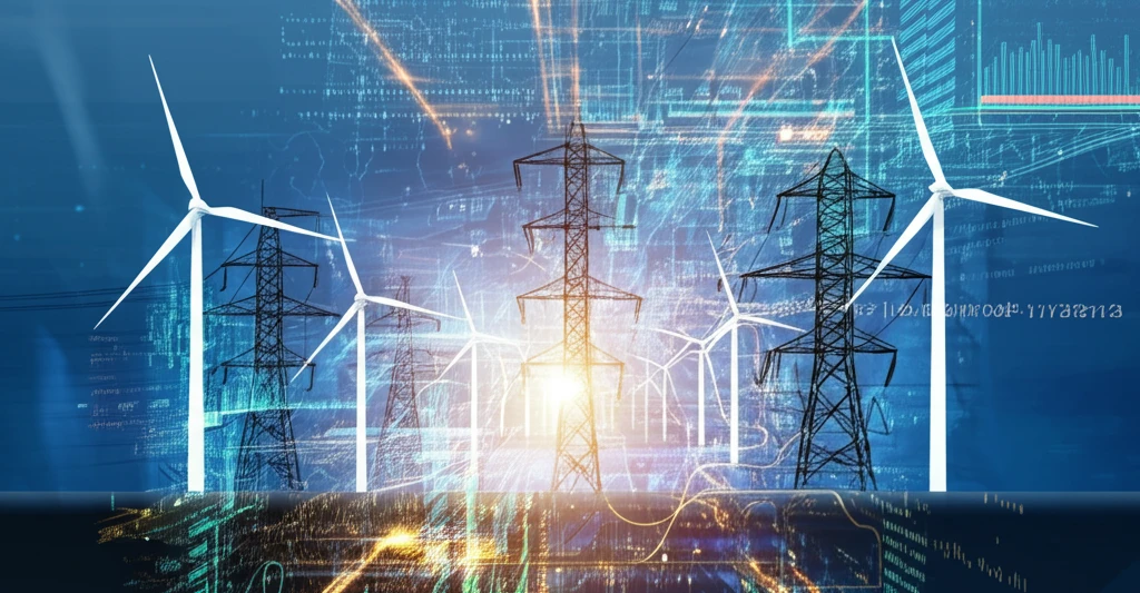 Stylized power grid with renewable energy sources and data streams.